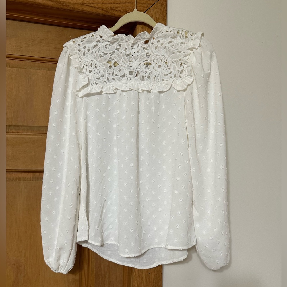 Swiss Dot Long Sleeve White Blouse